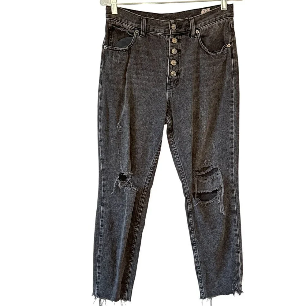 Free People Button Fly Blossom Rigid Skinny High Rise Black Distressed Size 28